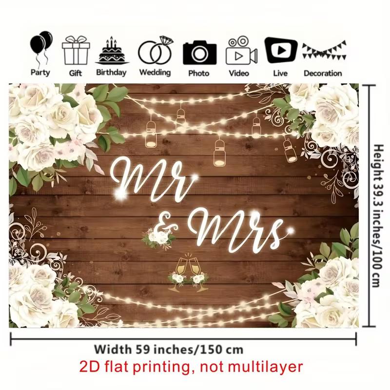 2D Bridal Shower Photo Booth Backdrop with String Lights and Floral Corners