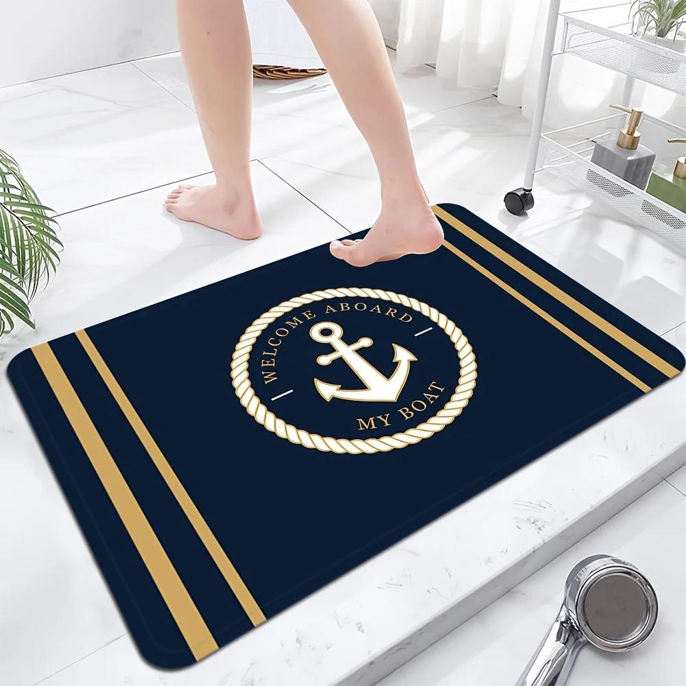 Tappetino di Benvenuto con Ancora Nautica Tappetino Antiscivolo Morbido "Benvenuti sulla Mia Barca" Decorazione Blu Navy/Oro per Interni Soggiorno