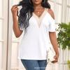 Women's V Neck Short Sleeve T-Shirt Loose Fit Contrast Lace Cold Shoulder Casual Tee Top