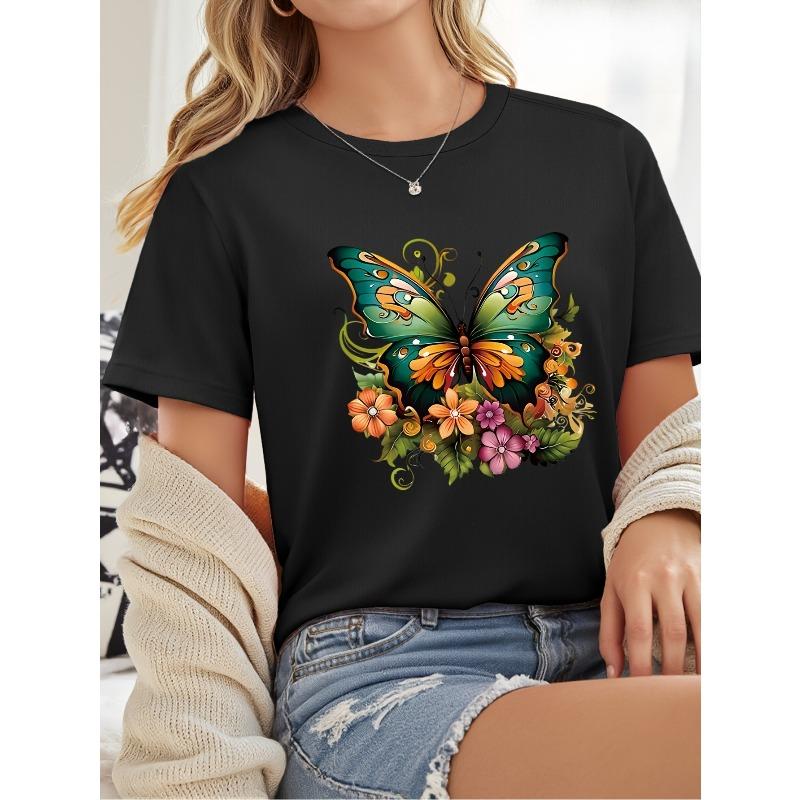 

European Size Flower Butterfly Print Pure Short Sleeve 4XL чорний