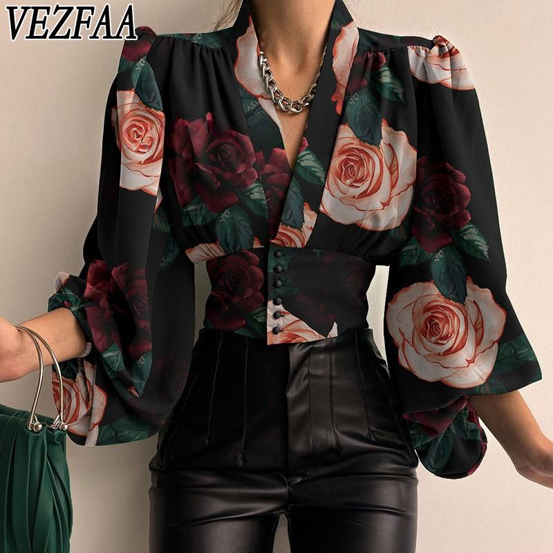 

VEZFAA Женская мода Повседневная весна-осень Длинные рукава V-образный вырез Блузки и рубашки S красный