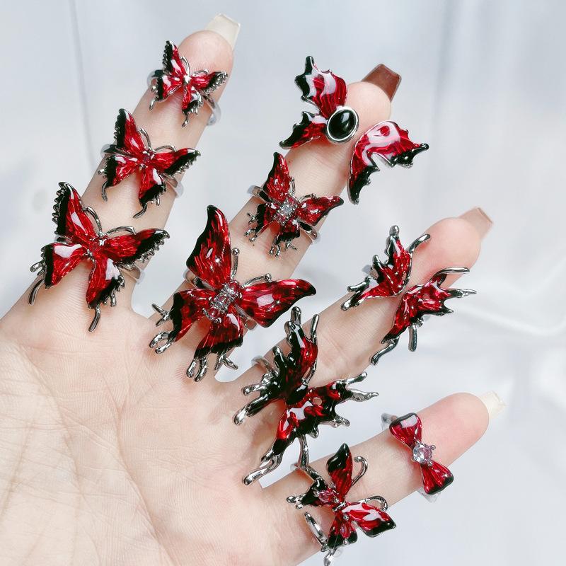 Temperament Niche Exquisite Design Sense Personality Ring Sweet Cool Red Enamel Drip Glaze Butterfly Opening Ring Female
