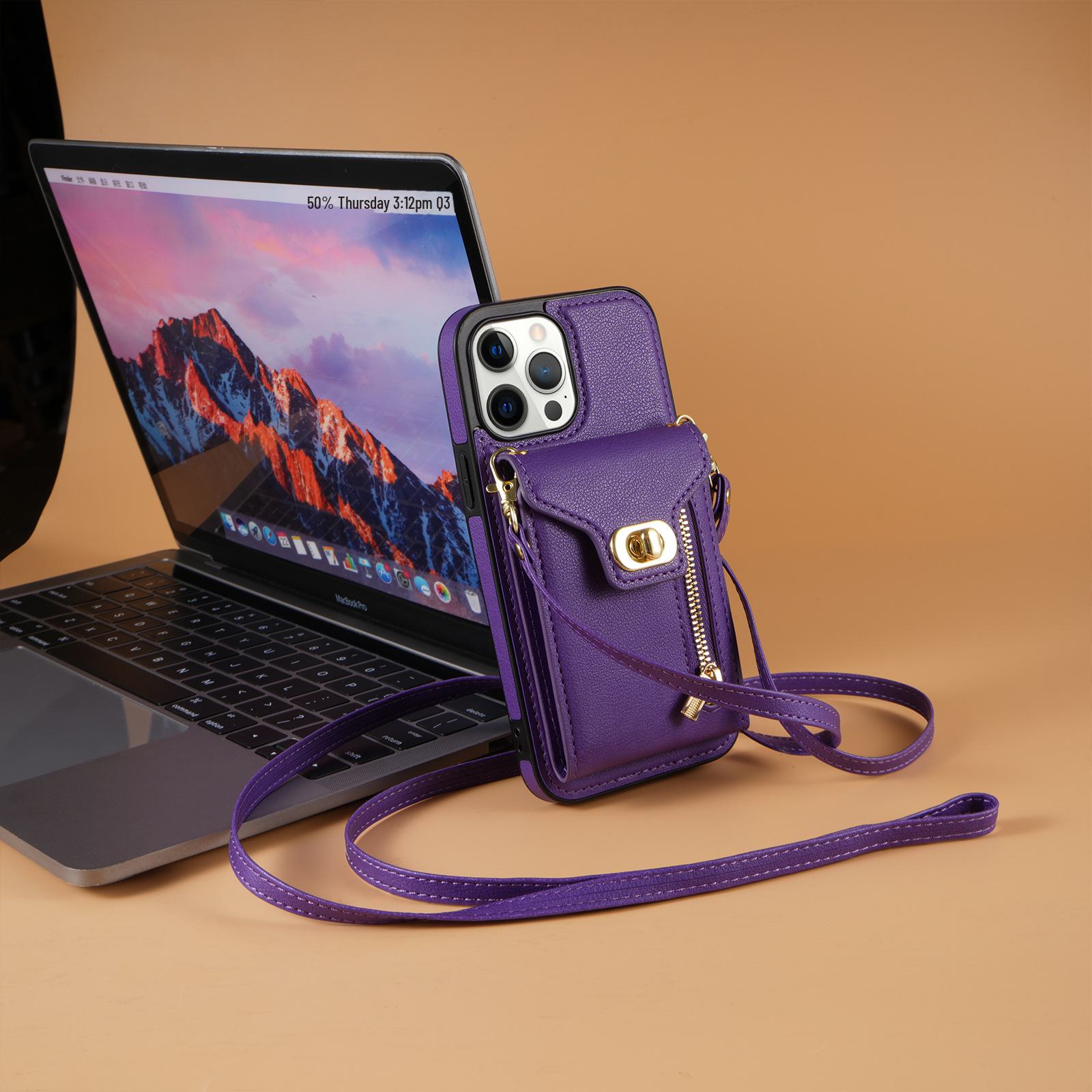 

Чехол-гармошка для телефона Apple 15 14 13 ProMax с боковой молнией, диагональным шнурком и отделением для карт. iPhone 15 Plus фиолетовый