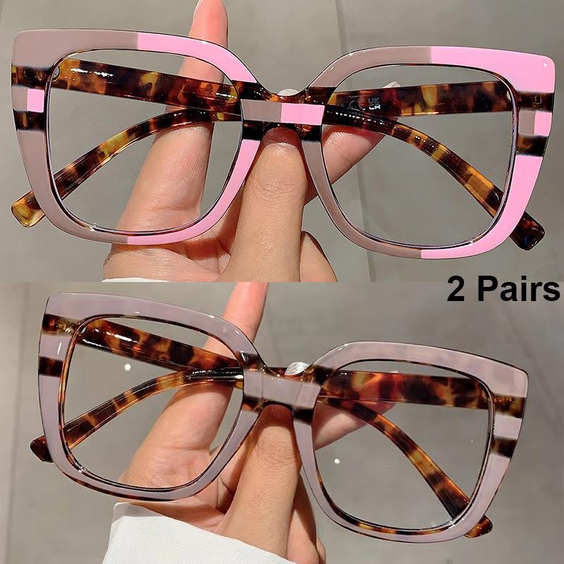 2 Pairs Oversized Square Glasses Women Fashion Patchwork Optical Frames Trendy Blue Light Blocking Multi-color Rim Eyeglasses