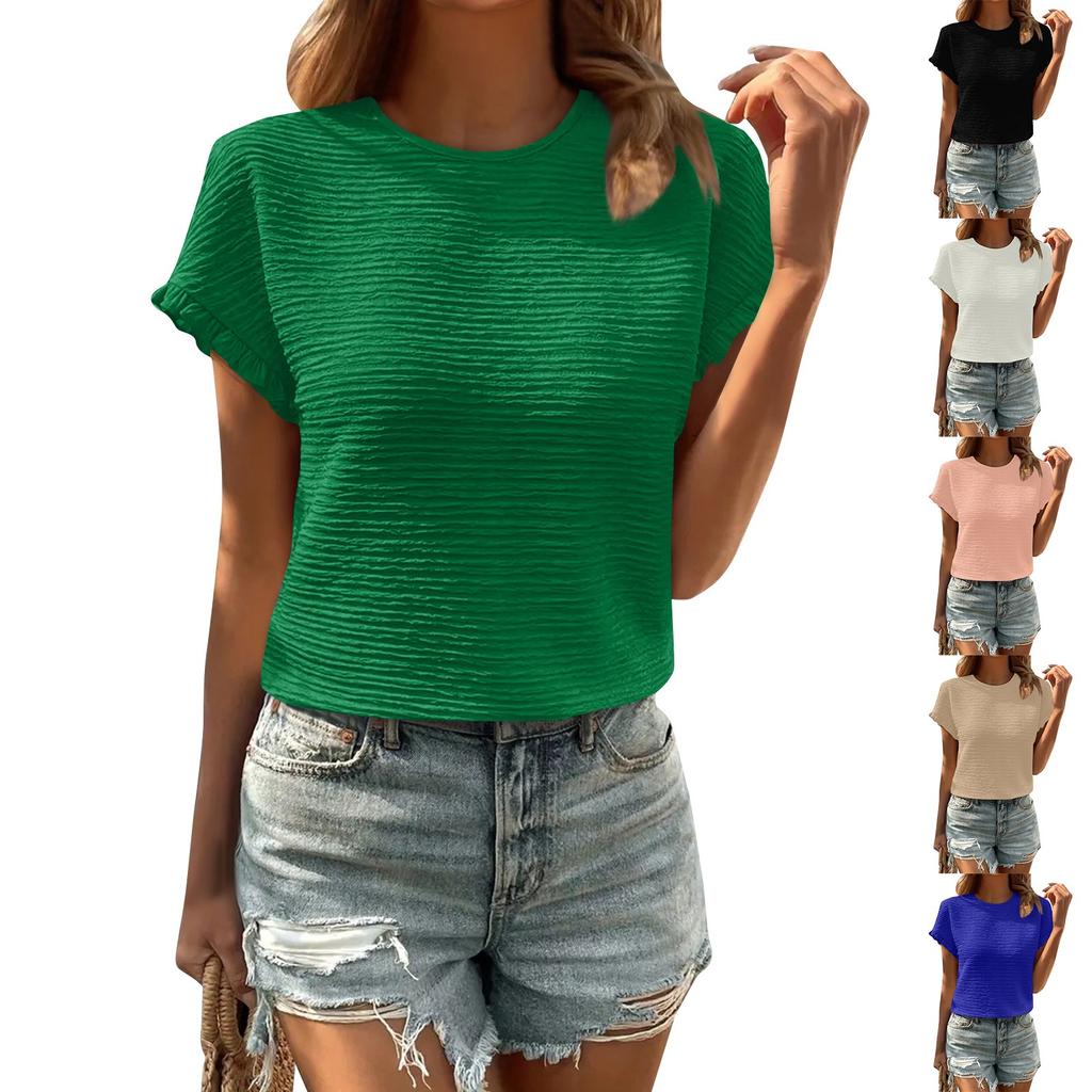 Elegant Solid Color Striped Casual Round Neck Short-sleeved T-shirt Top