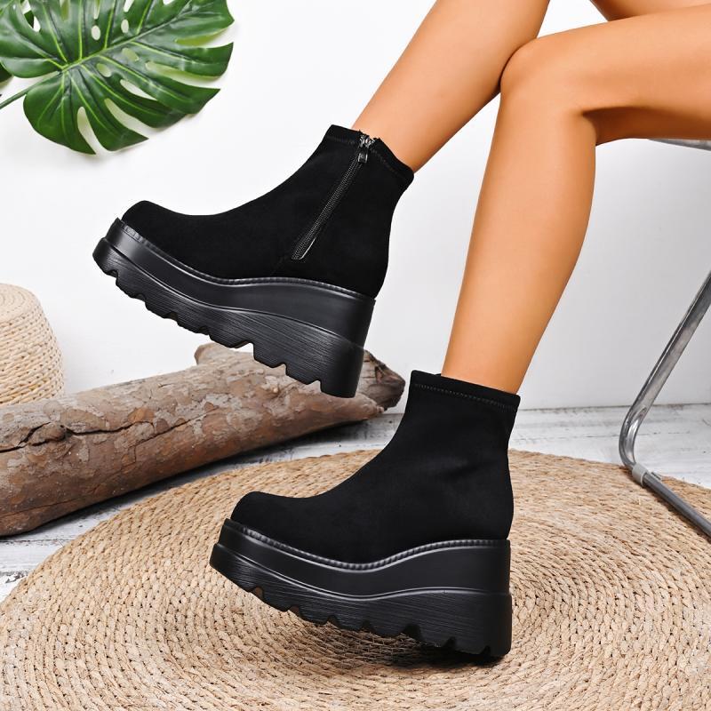 Suede Wedge Heel Ankle Boots Autumn Square Toe Chunky Platform Super High Heel Side Zip Boots Classic Solid Black Botas