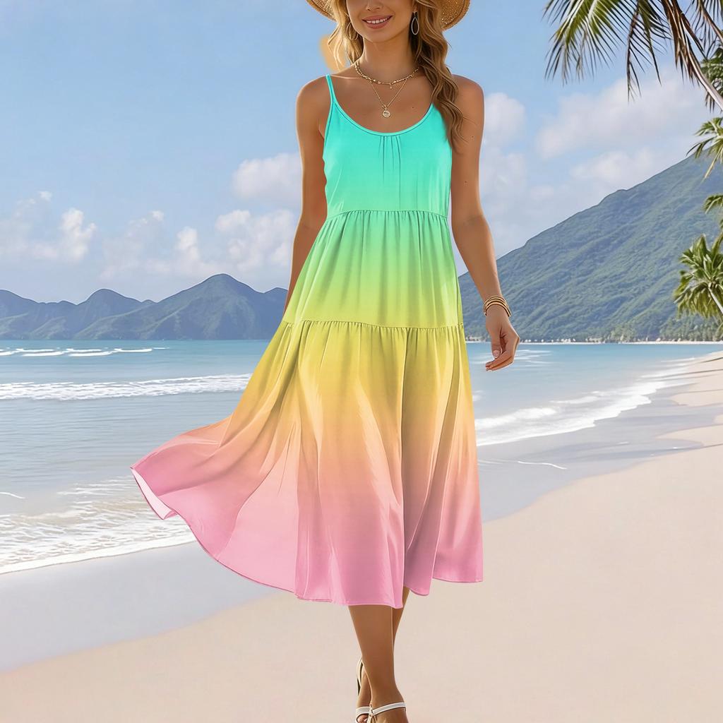 Damen Sommer Mode Bedrucktes Tasche Verstellbarer Schultergurt Bohemian Freizeit Strand Resort Trägerkleid