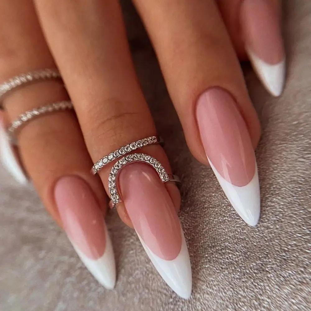 24Pcs Sweet Pink Almond Fake Nails Stiletto Pink Bowknot French Cute Pearl Bows Fake Nails Girls Women Wearable Manicure