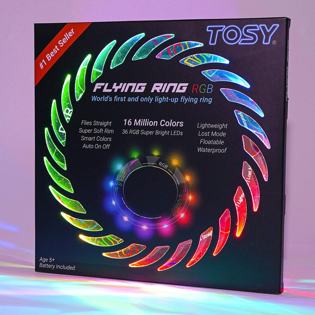 TOSY Flying Ring - 16 Million Colors RGB or 12 LEDs, Super Bright, Lost Mode, Auto Light Up, Safe and Soft, Waterproof, Lightweight Frisbee,