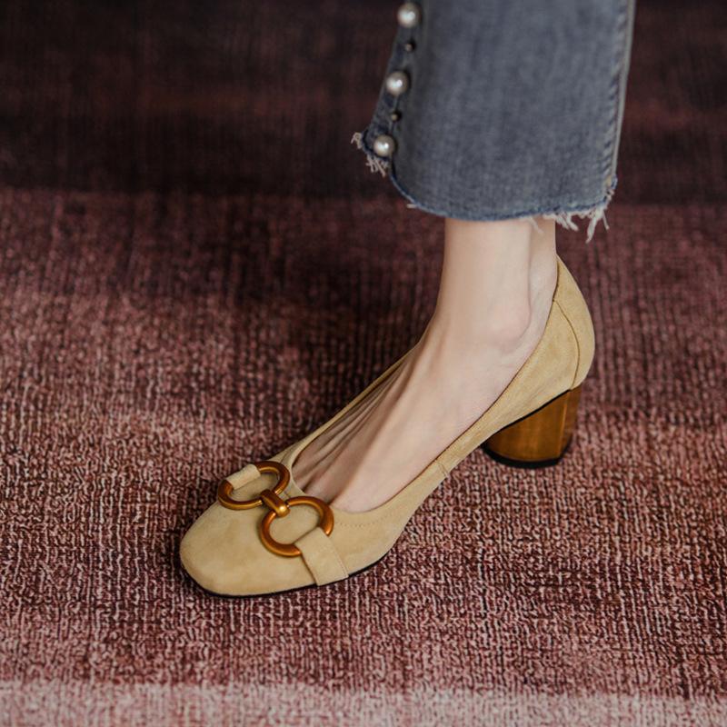 

Французские ретро туфли на высоком каблуке женские новые квадратный носок для офиса толстый каблук одинарные туфли 39 абрикосовый