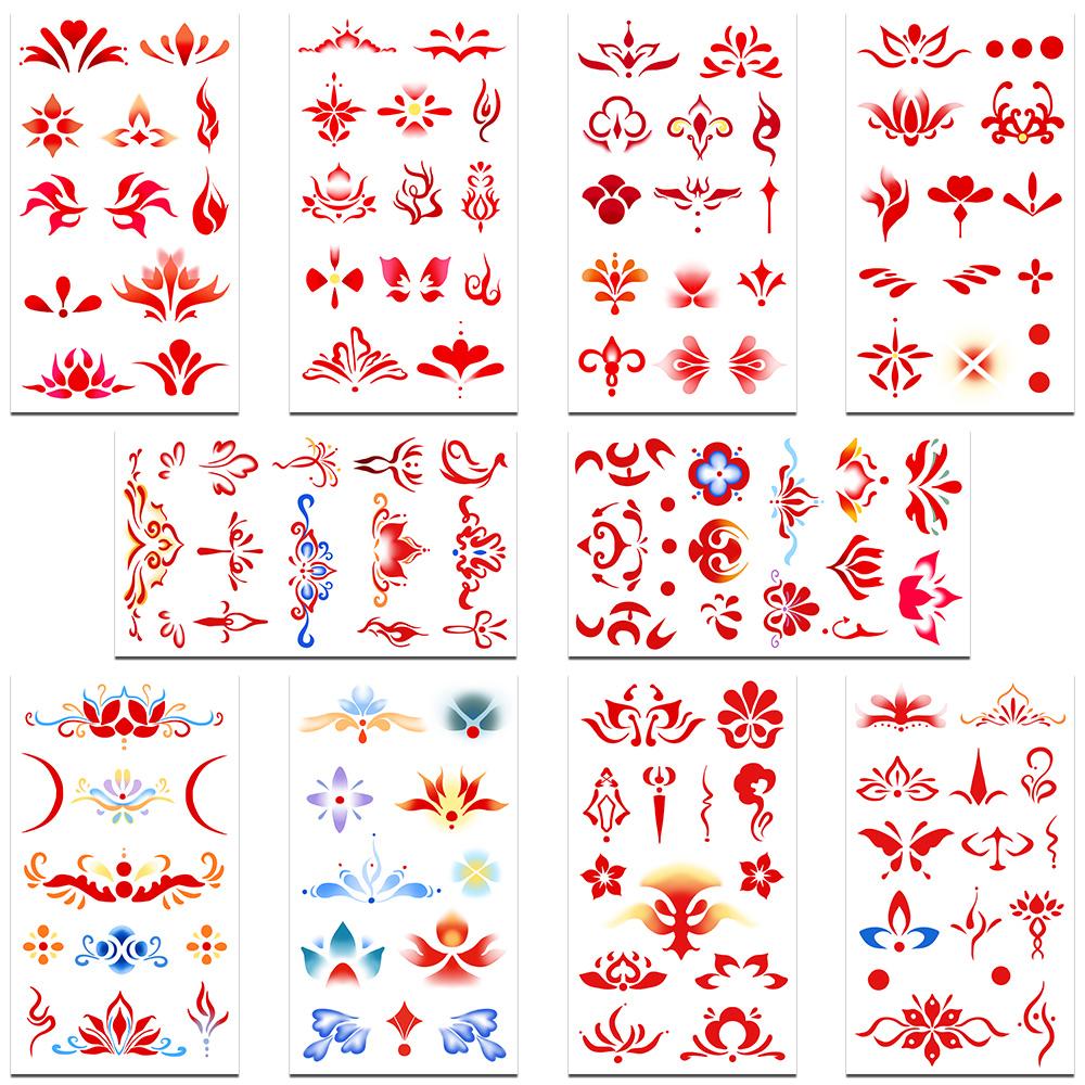 

10 листов мультяшных красных узоров на лбу, наклейки для татуировки на лице, руках, теле, временные водонепроницаемые наклейки для татуировок, детские креативные подарки