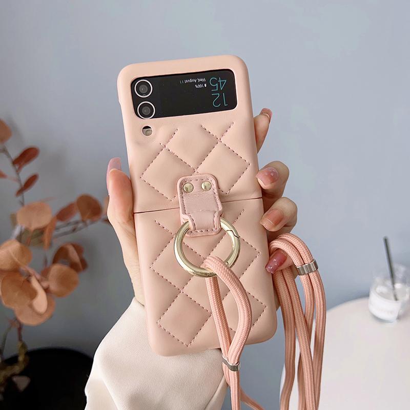 Držiak na prsteň Crossbody Remienok Puzdro pre Samsung Galaxy Z Flip 3 Flip 4 Z Flip 5 5G Obal módne mriežkovaný náhrdelník Lanyard Lano Kožená taška