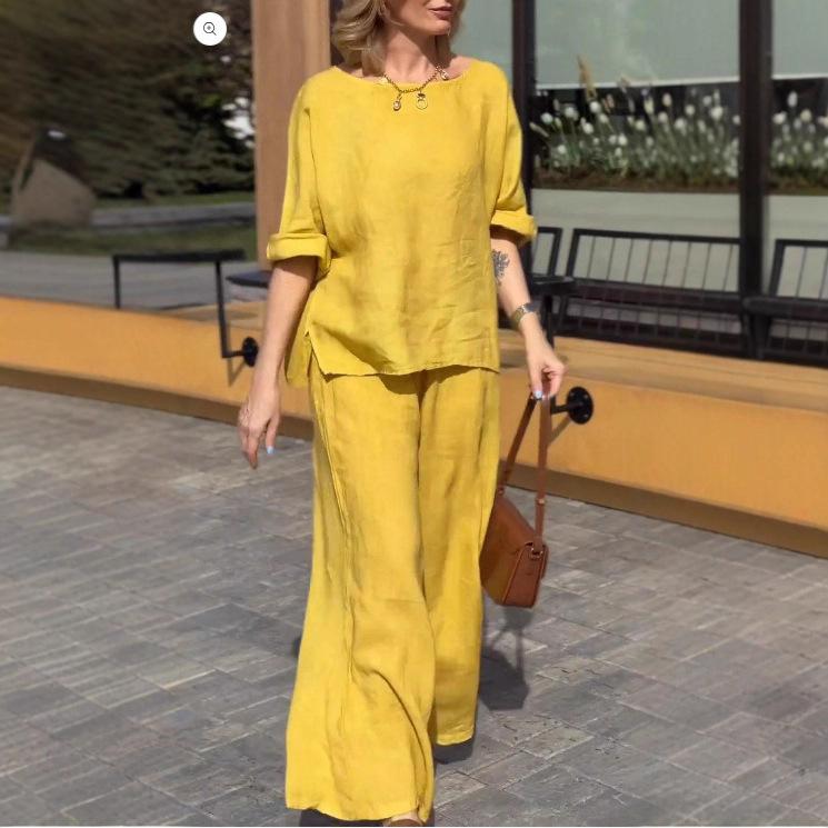 Autumn and winter cotton, linen and ramie fashion women s suit 2025 high-quality American long-sleeved pants solid color European and American S жёлтый