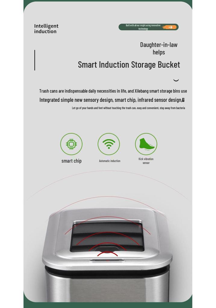 Xile Bang Smart Stainless Steel Trash Can for Kitchen, Bathroom & Living Room with Induction Lid