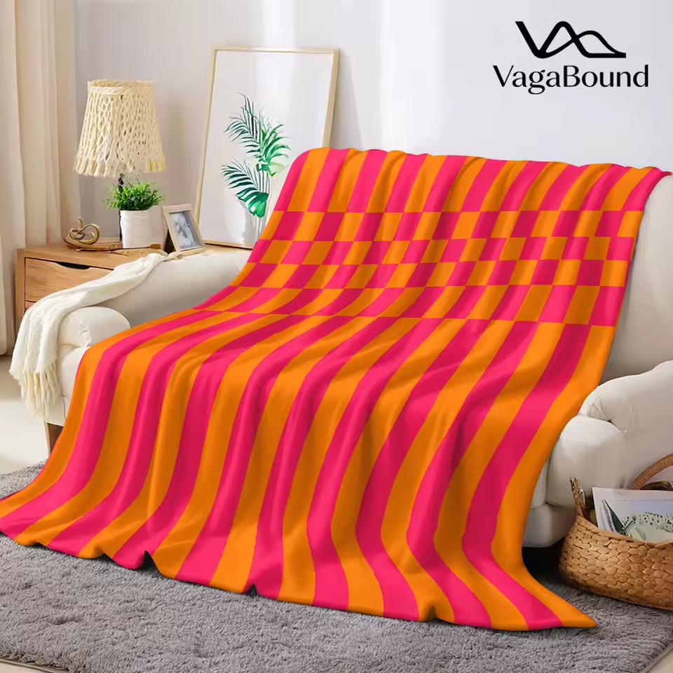Tangerine Grid Flannel Blanket Warm Soft Halloween Christmas Decorative Couch Warm Cozy All-Season Gift