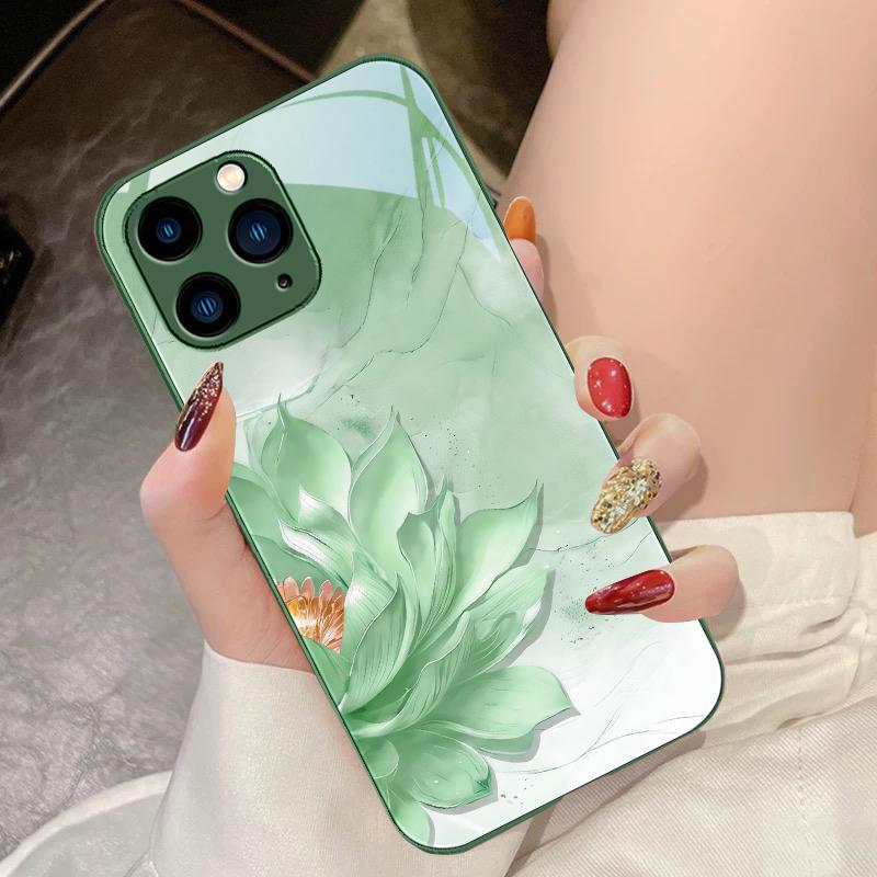 

Side Lotus White For IPhone 16 Pro Max 15 Pro 14 13 12 Mini 11 XS Max XR 7 8 Plu SE 2022 Tempered Glass Phone Case For iPhone 16 Pro