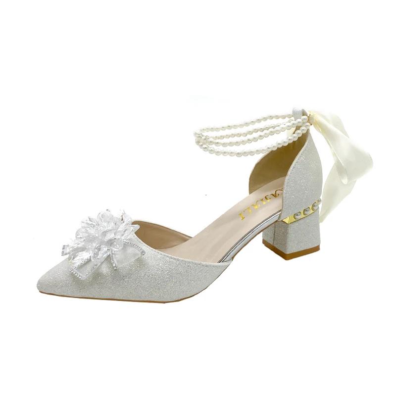 Elegant Fashion Pearl One Word Wedding Single Shoes New Pointed Toe Shallow Slip Rhinestone Bow Square Heels