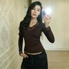 Top Subțire cu Decolteu în V și Dantelă, cu Mâneci Lungi, pentru Femei - Stil Trendy de Primăvară/Toamnă