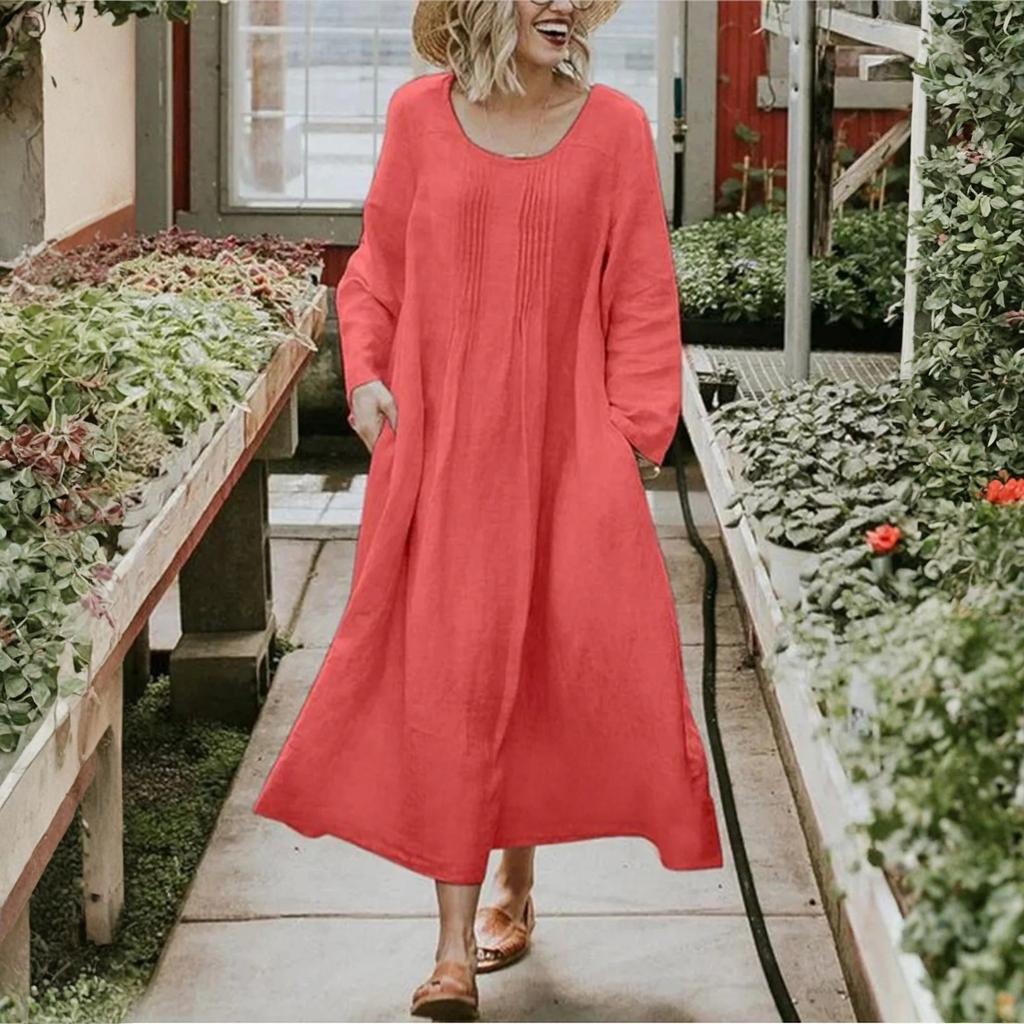 Women's Ound-neck Pleated Skirt With Pockets, Long-sleeved Cotton And Linen Dress