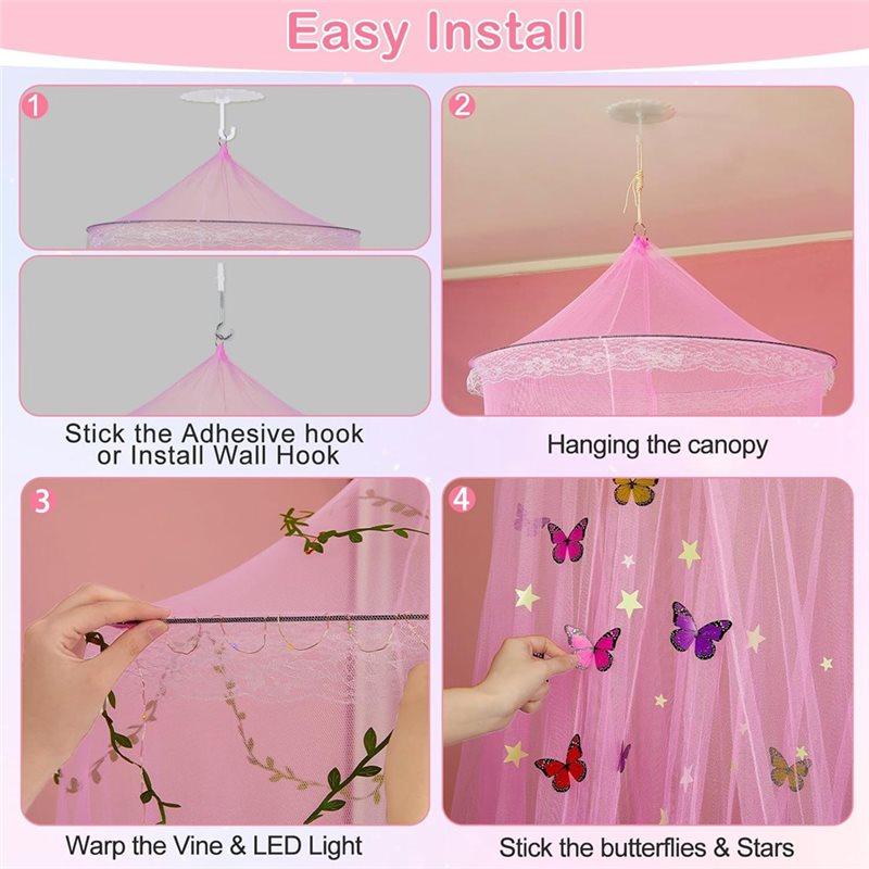 M-Modern-For Girls Room Bed Canopy Curtains With Led Lights Mosquito Net- DIY Princess Style Decor Featuring Butterflies Design