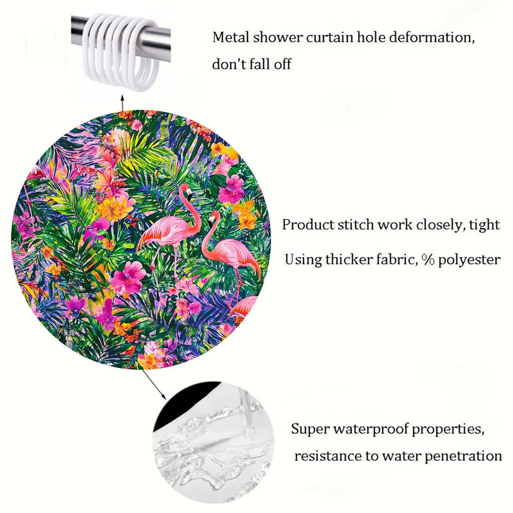1 Tropical Flamingo And Rainforest Print Shower Curtain, Water-Resistant Polyester Fabric, Stain-Resistant, Machine Washable
