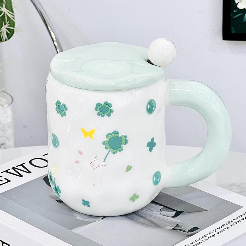 New Creative Cherry Blossom Ceramic Water Cup with Lid Spoon Heat resistant Cup Home Office Relief Mug Girl Heart
