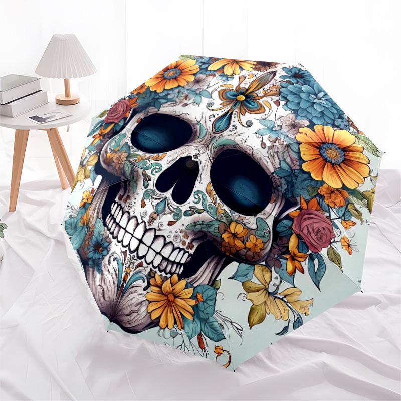 1pc Day of the Dead Floral Skull Umbrella with Plastic Handle,Suitable for All Seasons Home Travel Outdoor UmbrellaDD1574