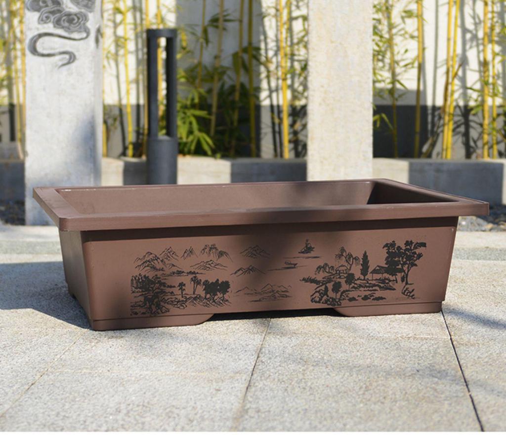 Extra Large Rectangular Faux Zisha Bonsai Pot with Water Absorbing Rockery Stone