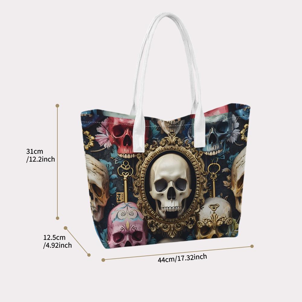 Vintage Skull Print Casual Tote Bag Dark Style Large Capacity Portable Shoulder Handbag for Daily Use