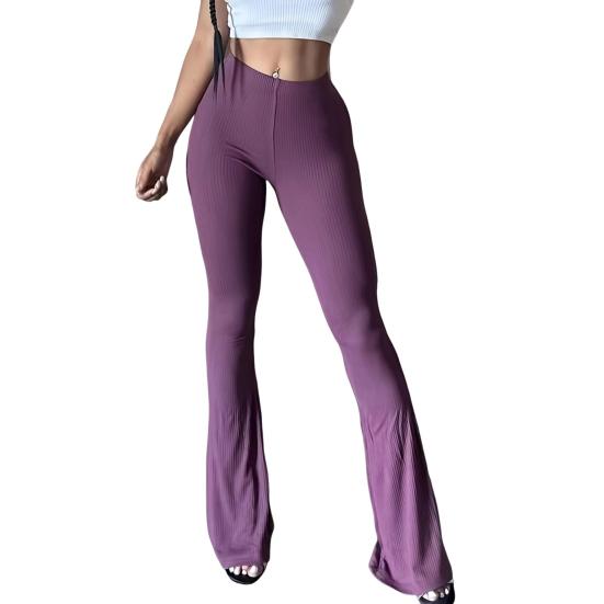 Women Flared Pants Elastic High Waist Solid Color Long Pants Ribbed Texture Yoga Running Cycling Trousers