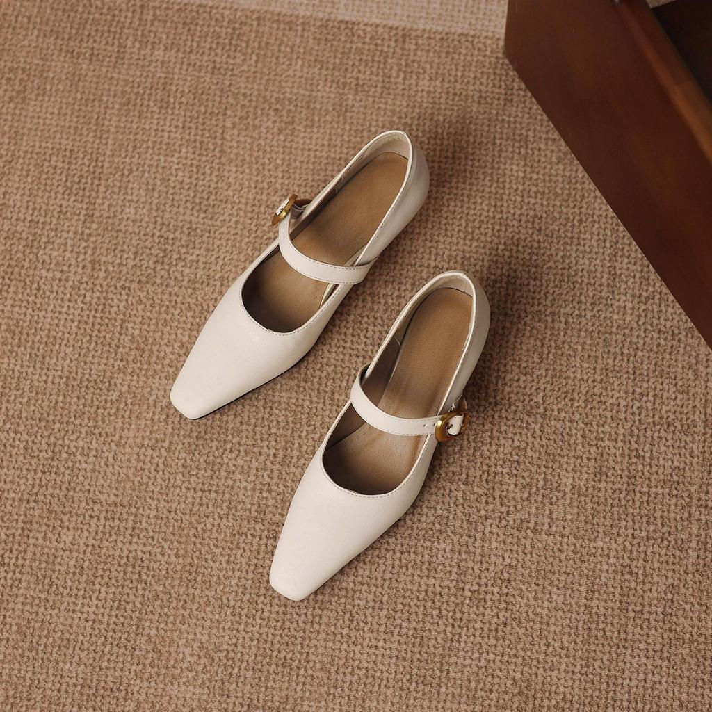 Krazing Pot Microfiber Square Toe Thick Med Heels Spring Summer Shoes Big Size 43 Metal Buckle Beauty Women Shallow Pumps