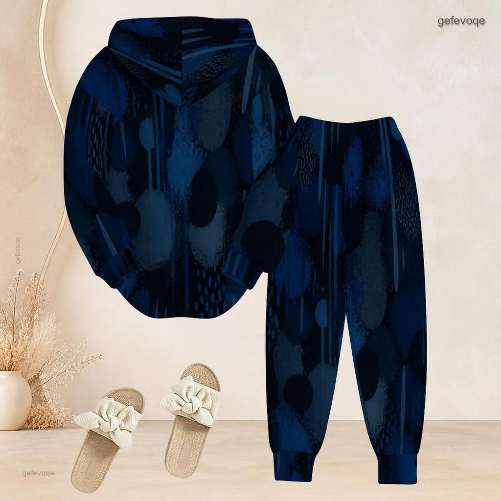 Women Plus Size Two Piece Set Hooded Long Sleeve Printed Navy Blue Top And Cuffed Pants