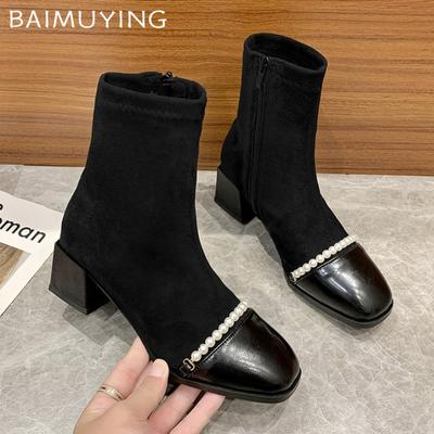 Bead Chunky Women Ankle Boots Suede Mid Heels Fashion Shoes New Brand 2025 Trend Winter Designer Pumps Goth Chelsea Botas Mujer