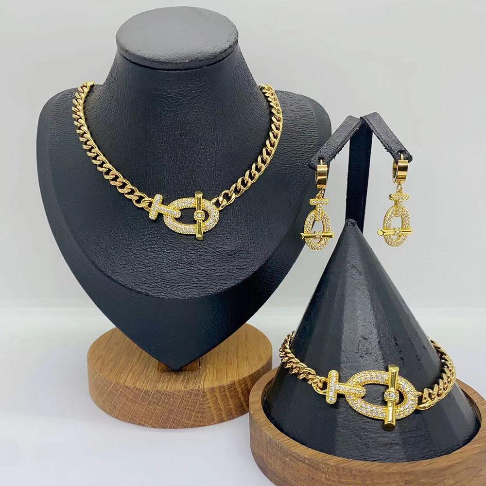 Lüks Kişilik Eşsiz Tam Zirkon Bağlantılı Takı Kolye OT Serisi Yeni Enine Çubuk Bilezik Küpe 3 Adet Moda Takı Meksika