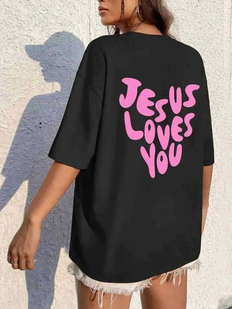 Jesus Loves Me Letter Prints Female Cotton TShirts Fashion ONeck Oversize Tops Casual Loose Soft Short Sleeve Women Clothing