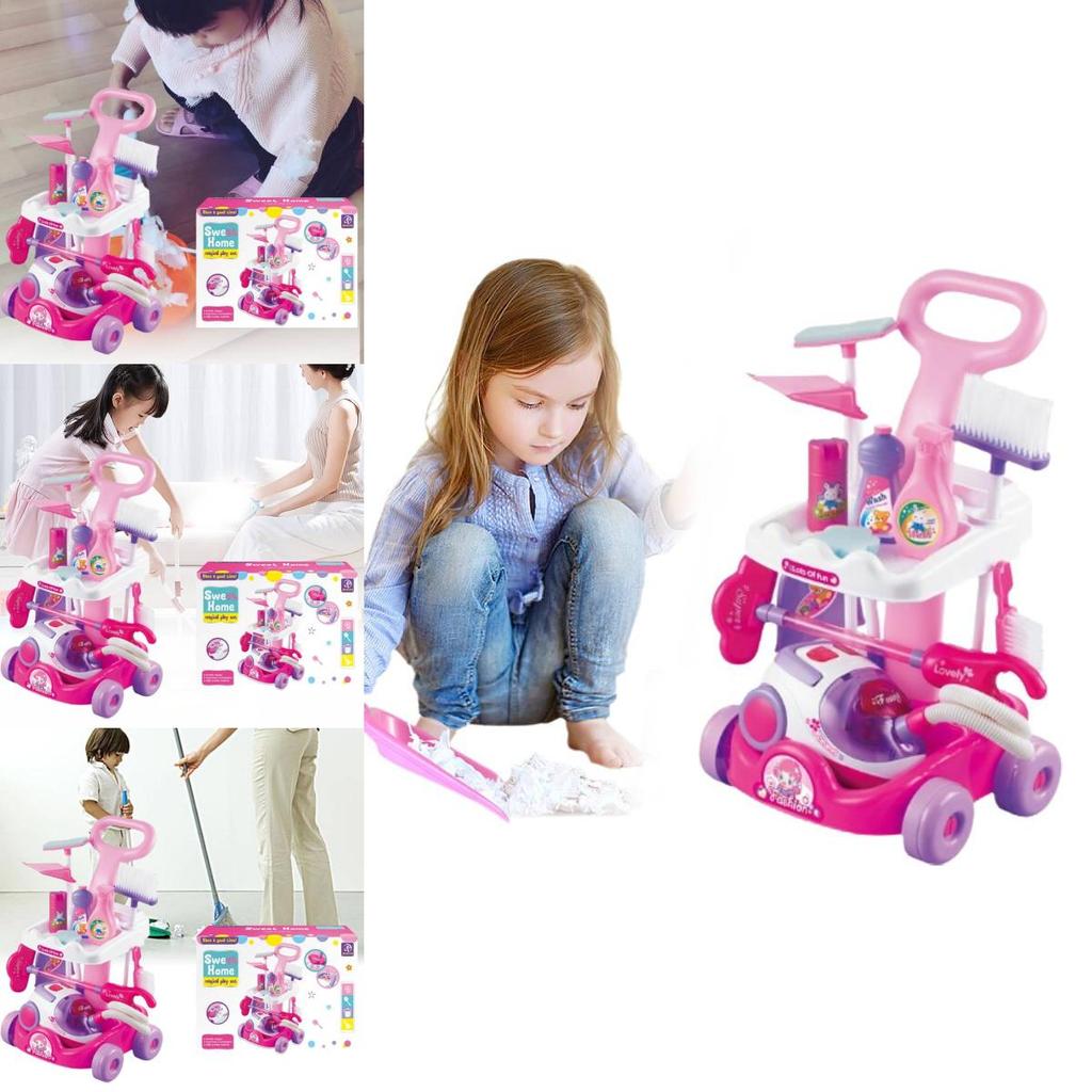 Interactive Kids Play Vacuum Set Plastic Cleaning Tool Cart With Ice Cream Cash Register