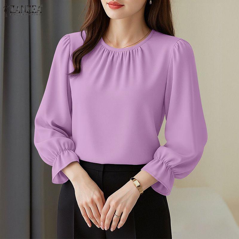 ZANZEA Women Casual Round Neck Loose Long Sleeve Plain Blouse