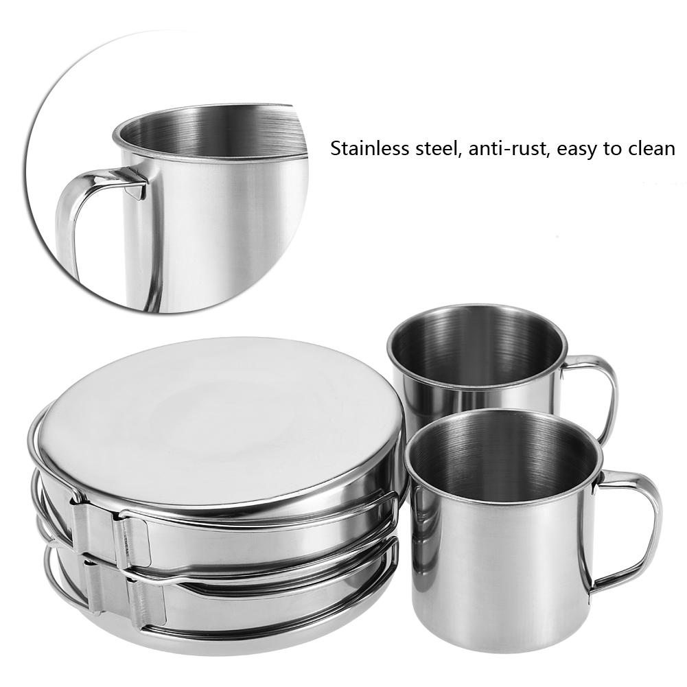 Set 8 Piese Portabil Inox Vase Oală Tigaie Farfurie Cană Set pentru Camping în Aer Liber Picnic