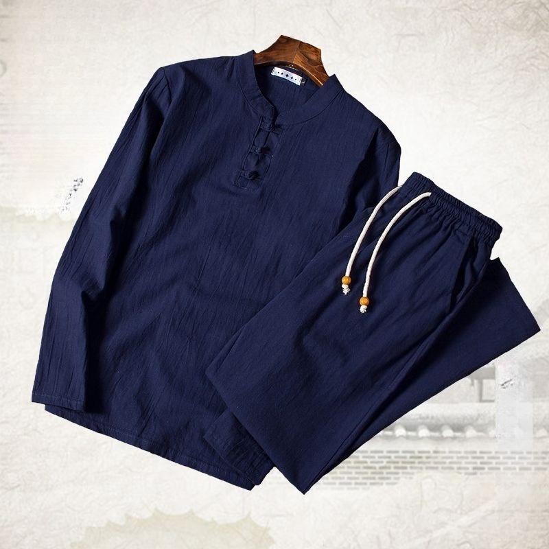 Linen Suit Men's Loose-fit Mid-age Senior Citizen Wardrobe Long Sleeve Spring Autumn Trousers Style Father Son Cotton Linen Suit
