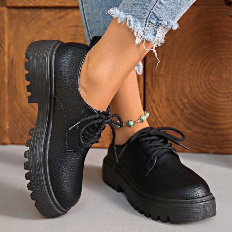 Women's Round Toe Lace-Up Chunky Heel Leather Shoes, Thick Sole Retro Casual Flats, Plus Size Fall Footwear