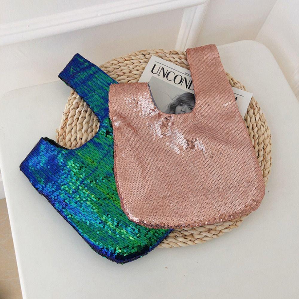 Glitter Sequin Handbag Solid Color Tote Bag Cute Knot Wrist Bag Travel