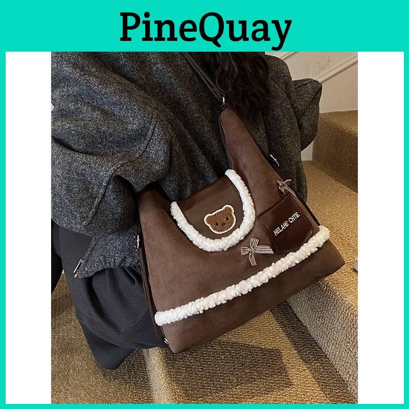 Small Bear Cartoon Backpack For Women With Suede Material And Adjustable Straps For Daily Use