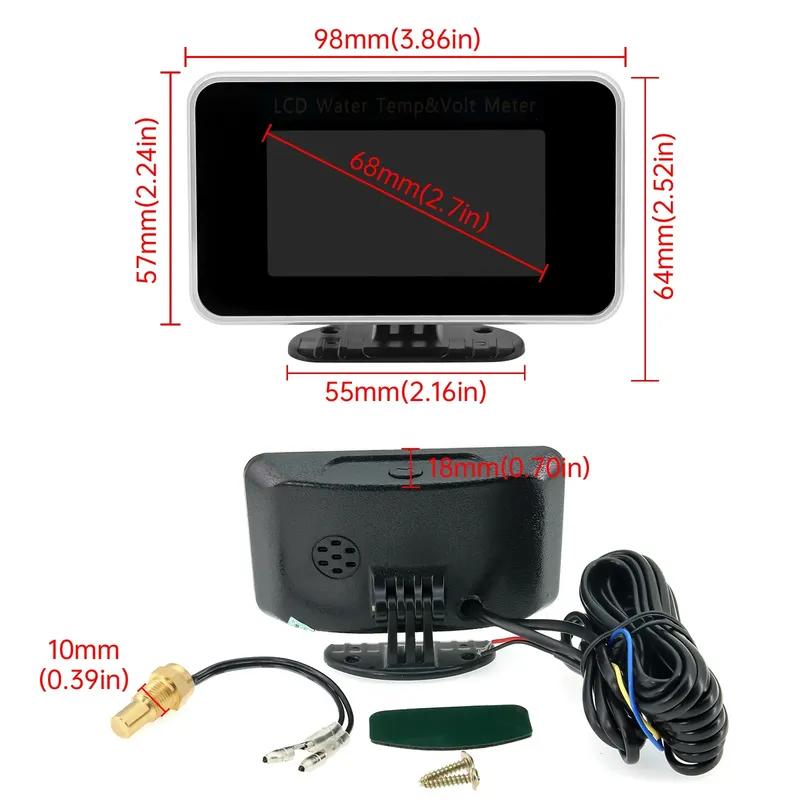Auto LCD Water Temperature with 10mm Temp Sensor Voltmeter Gauges 26mm-40mm Joint Pipe Adapter For 12V/24V Car