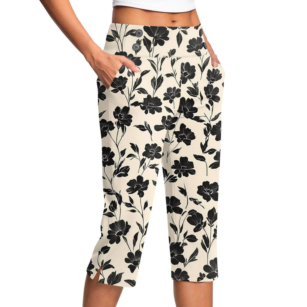 Damen Vintage Floral Print Knopf Tasche Hose Schlitz Hohe Taille Sport Yoga Freizeit Hose