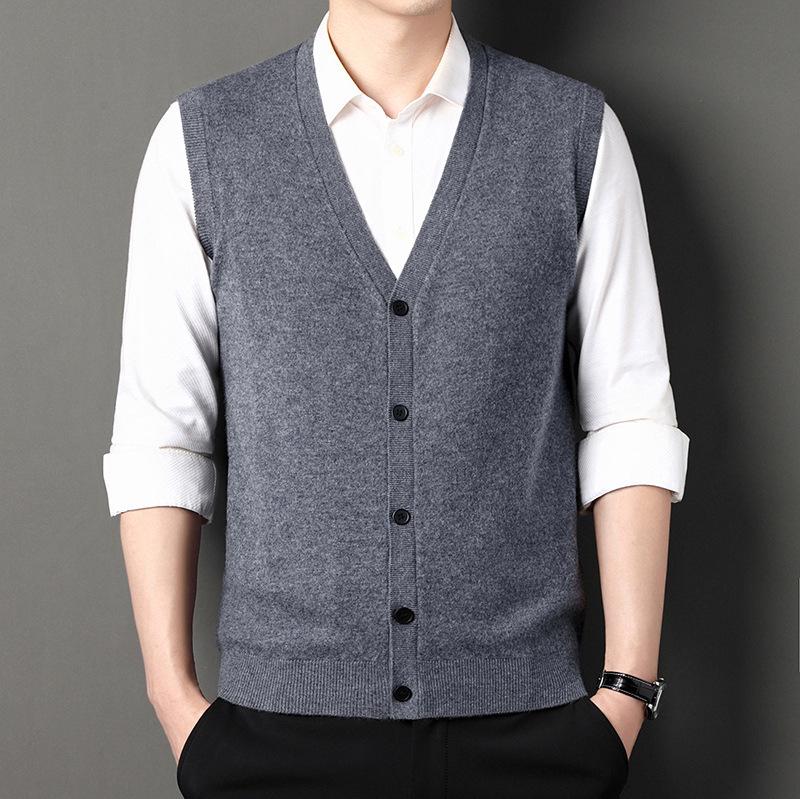 100% Pure Wool Men's Winter 2025 Cardigan Vest - Sleeveless, Middle-aged Style Sweater