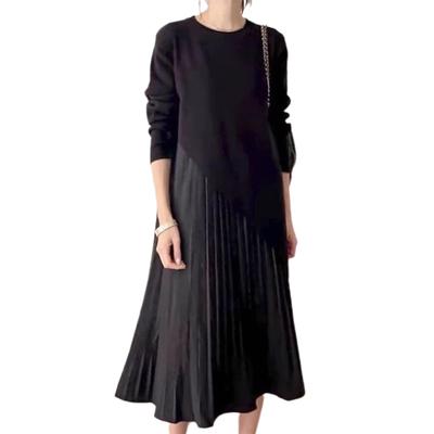 TOWYYO Langes Koreanisches Langes Rundes Perfekt für Entspannte Passformen Alle Jahreszeiten Damenkleid, Stil, Einfach, Ärmel, Kragen, Strick, Falten, Atmungsaktiv, Pendeln,