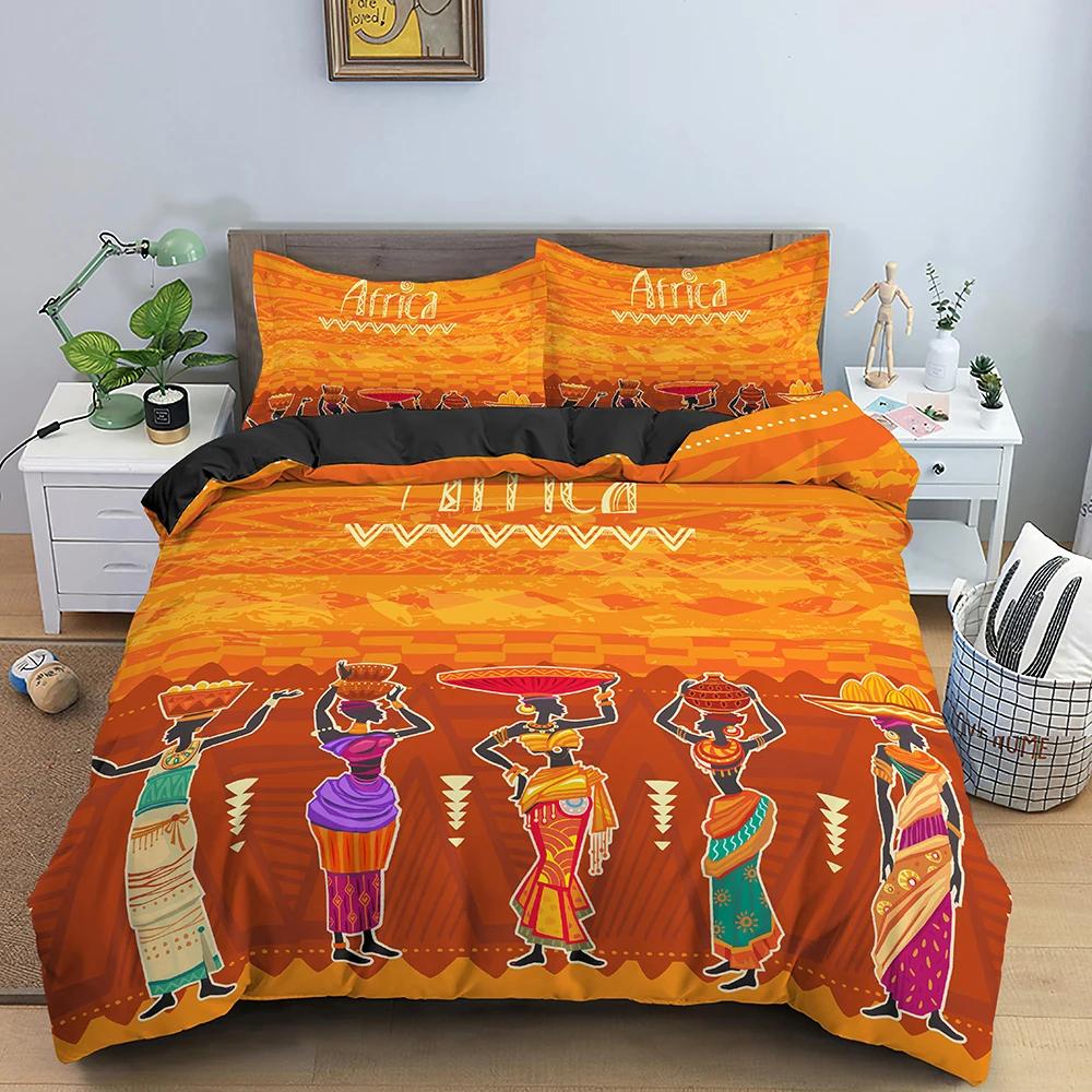 African Ethnic Bedding Set Orange Bohemian Style Duvet Cover King Queen Vintage Woman Polyester Comforter Cover For Teens Adults