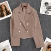 Spring Women Breasted Office Cropped Blazer Lapel Solid Color Long Sleeve Double Jacket Suit Coat
