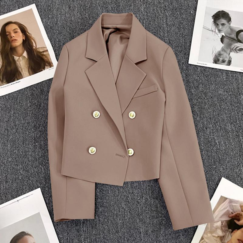 Spring Women Breasted Office Cropped Blazer Lapel Solid Color Long Sleeve Double Jacket Suit Coat