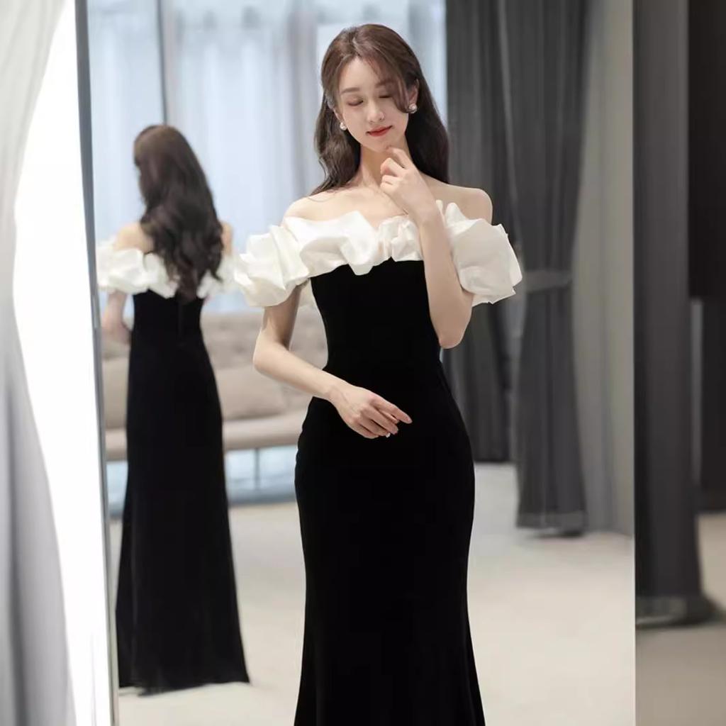 French Black Evening Dress One-word Shoulder High-end Temperament Thin Celebrity Bar Mitzvah Fish Tail Long Dress Women